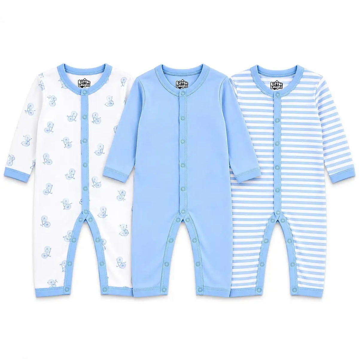Pack of 3 full sleeve baby rompers in sky blue printed, solid and striped designs with snap button closure