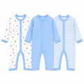 Pack of 3 full sleeve baby rompers in star print, solid sky blue and striped sky blue designs with snap button closure