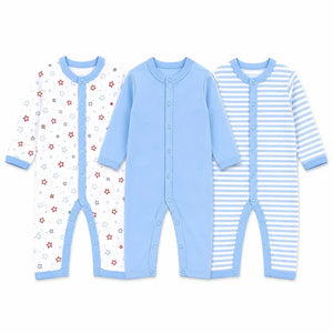 Pack of 3 full sleeve baby rompers in star print, solid sky blue and striped sky blue designs with snap button closure