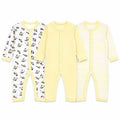 Pack of 3 full sleeve baby rompers in printed, solid pastel yellow and striped designs with front snap button closure