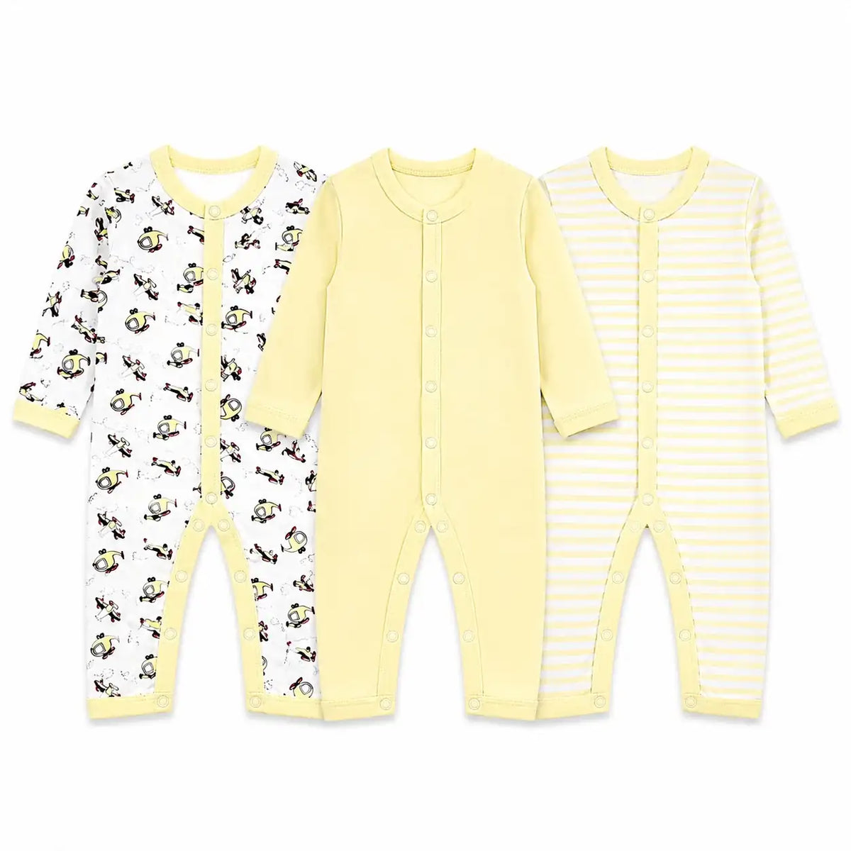 Pack of 3 full sleeve baby rompers in printed, solid pastel yellow and striped designs with front snap button closure