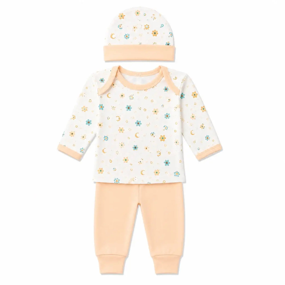 Peach floral baby 3 piece clothing set with full sleeve printed shirt, matching pants and cap