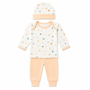 Peach floral baby 3 piece clothing set with full sleeve printed shirt, matching pants and cap