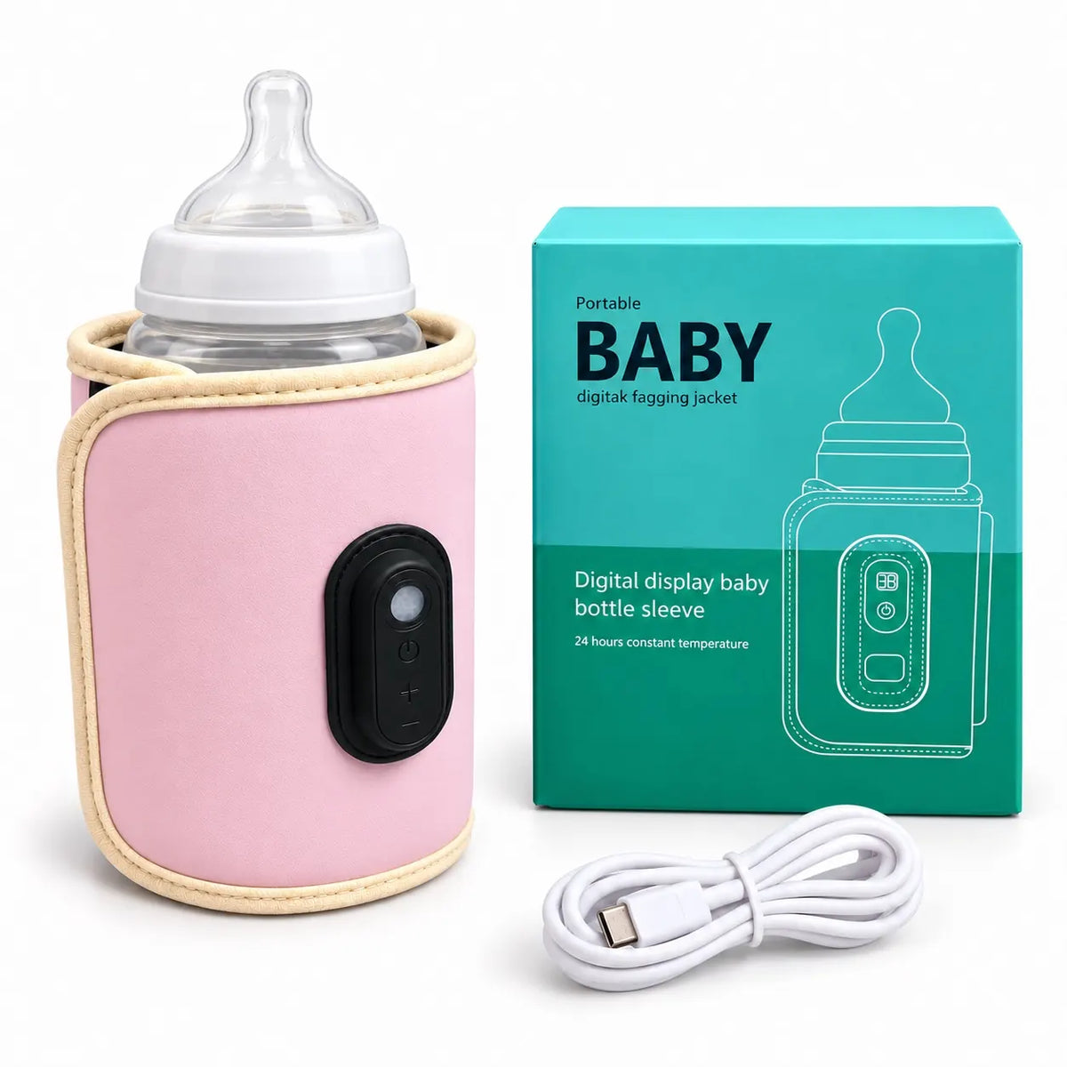 Pink digital feeder warmer shown around a feeding bottle, with USB cable and retail box