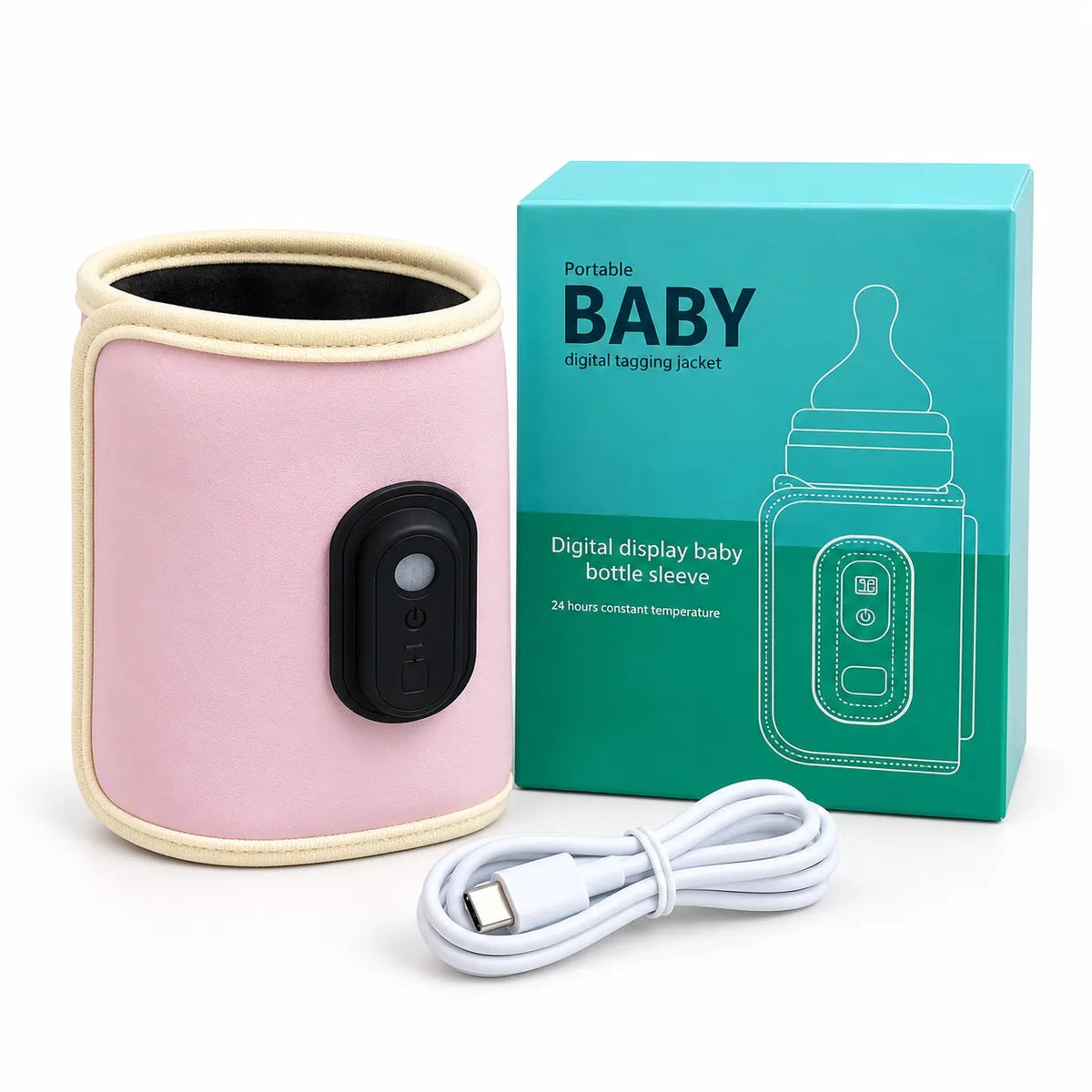 Pink feeder warmer front view showing digital controls, cream trim and included USB cable