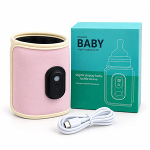 Pink feeder warmer front view showing digital controls, cream trim and included USB cable