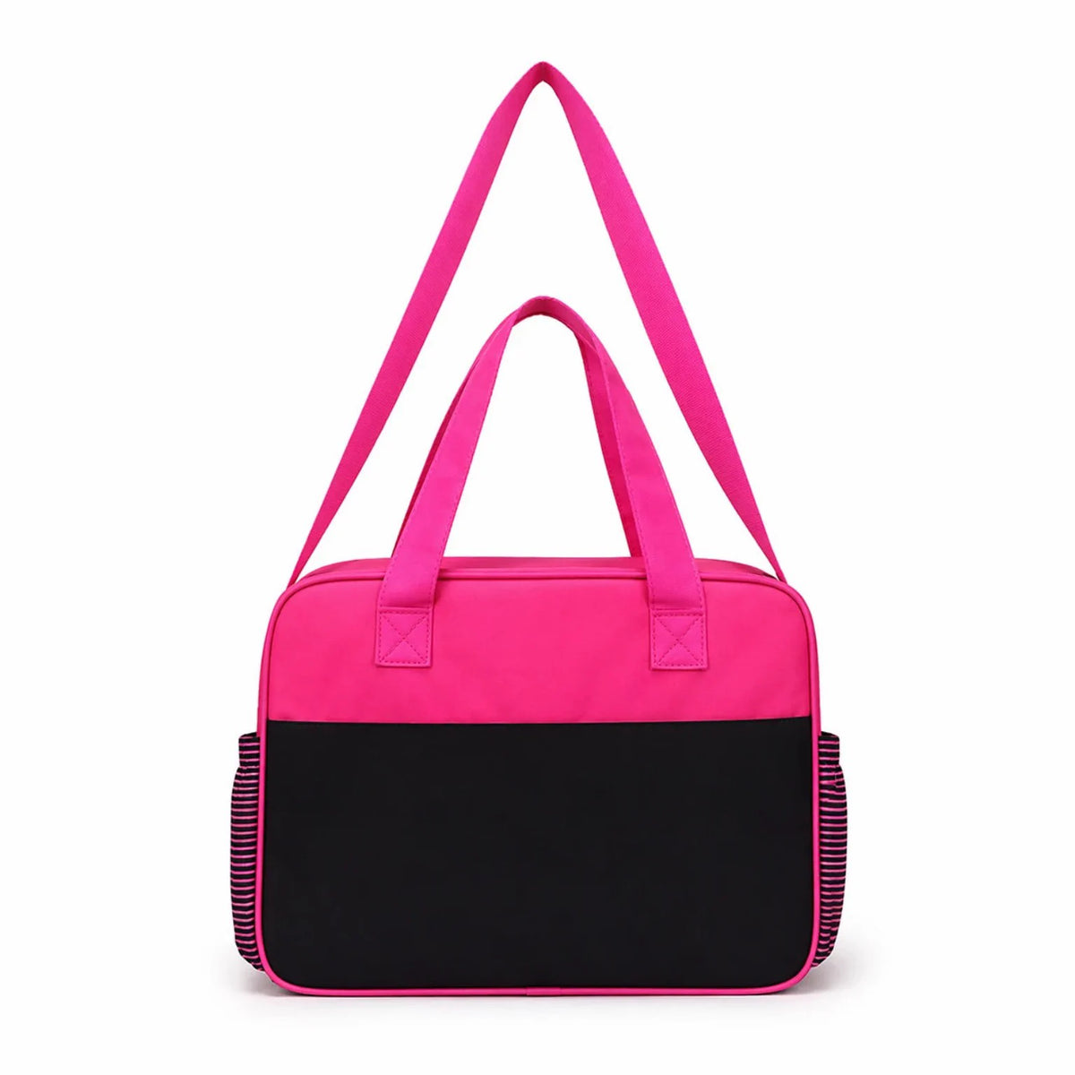 Pink baby diaper bag back view with carry handles and shoulder strap