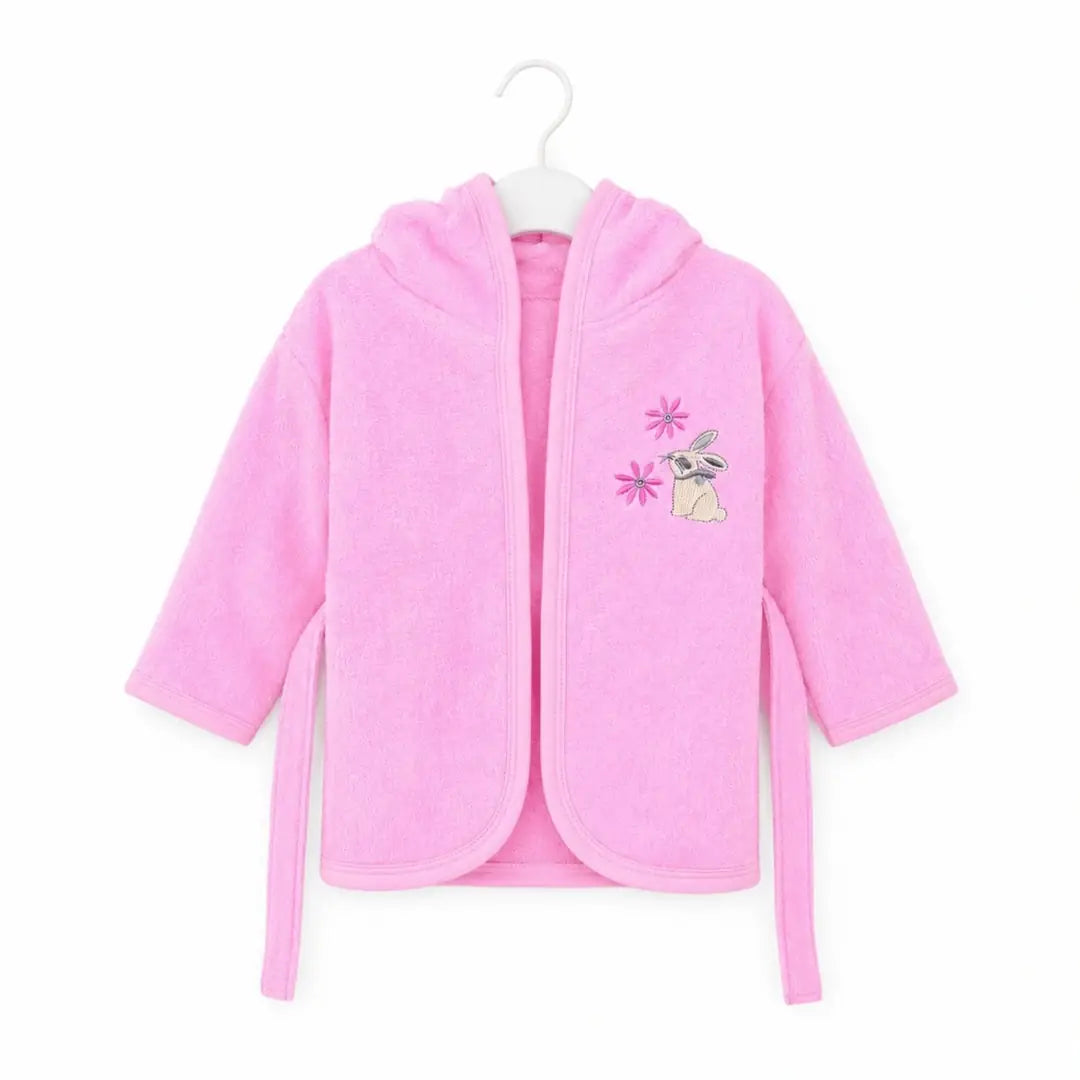 Pink baby hooded bathrobe with belt and bunny embroidery on white background
