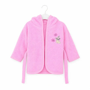 Pink baby hooded bathrobe with belt and bunny embroidery on white background