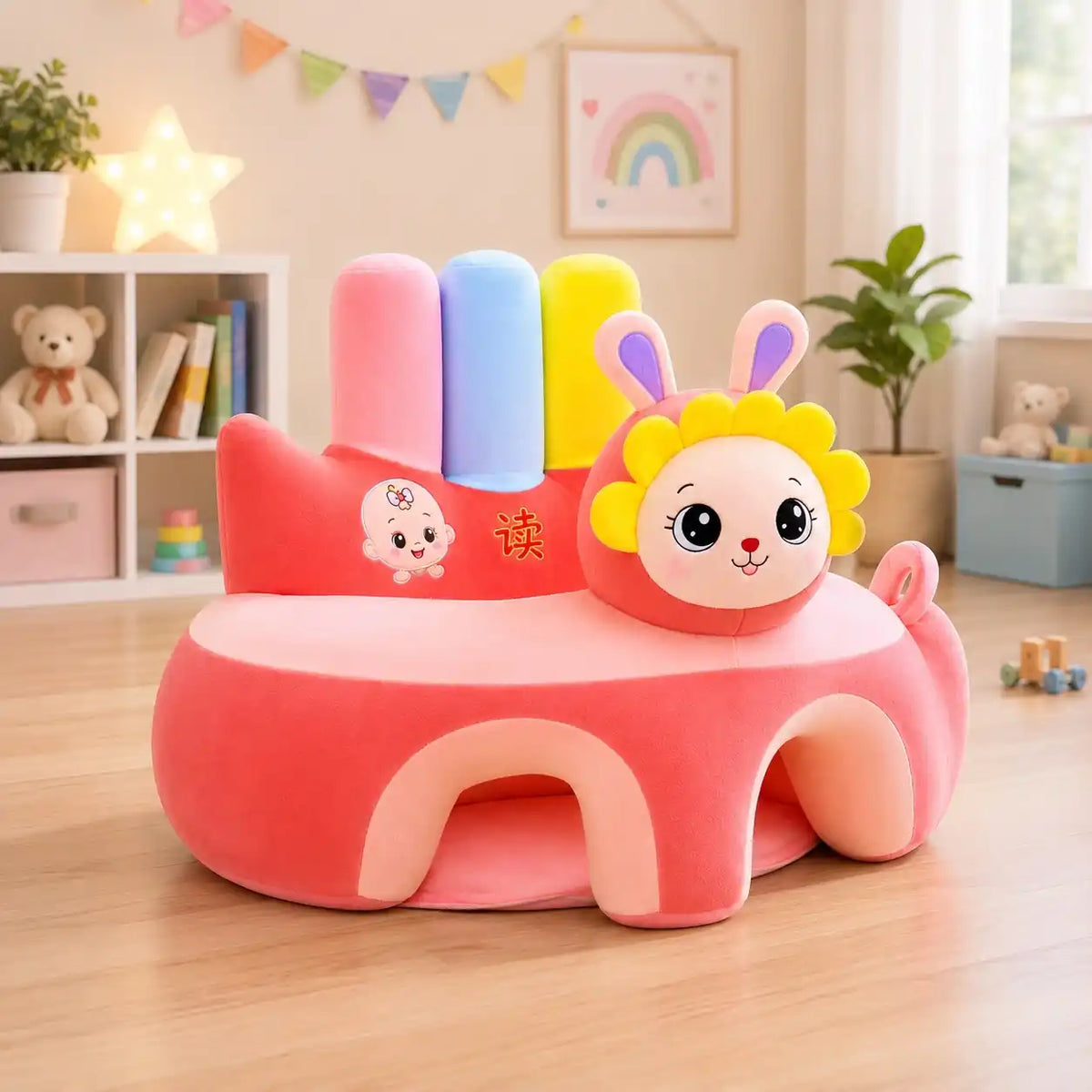 Pink baby plush sitting support sofa with cute rabbit character, padded backrest and soft velvet fabric for babies 6+ months