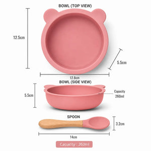 Bear-shaped 260ml baby silicone feeding bowl with wooden spoon size details