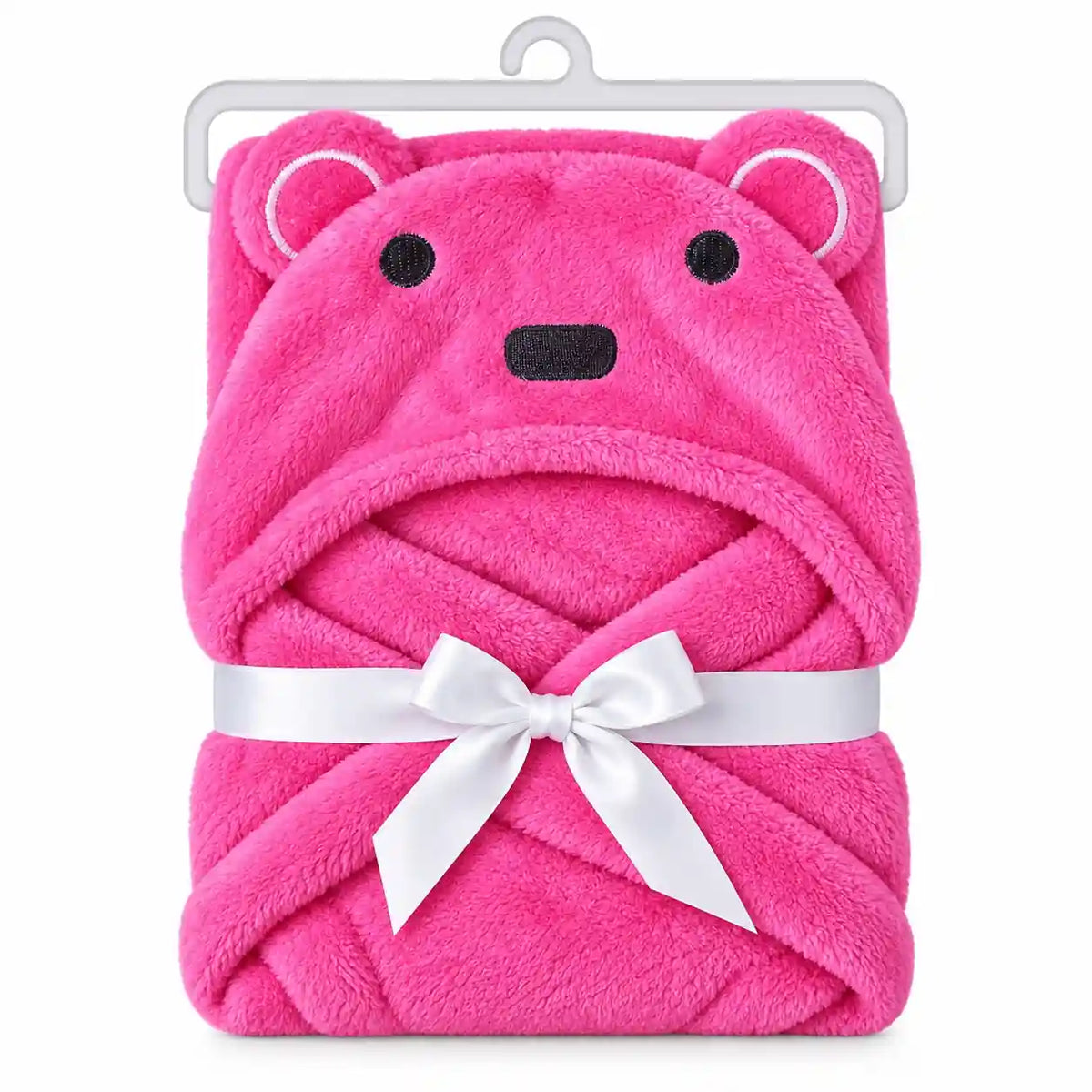 Pink bear hooded baby wrap blanket on hanger