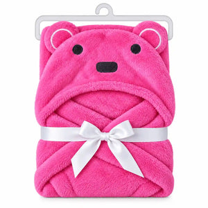 Pink bear hooded baby wrap blanket on hanger