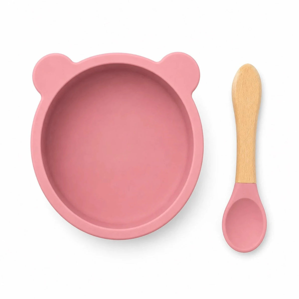 Pink bear-shaped baby silicone feeding bowl with wooden handle spoon, 260ml