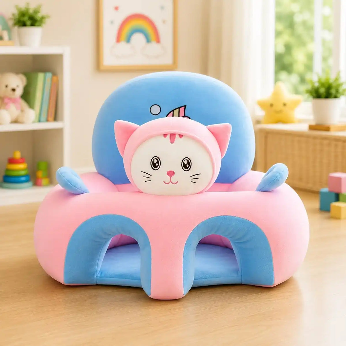 Pink and blue kitty baby plush sitting support sofa seat with soft velvet fabric and supportive backrest