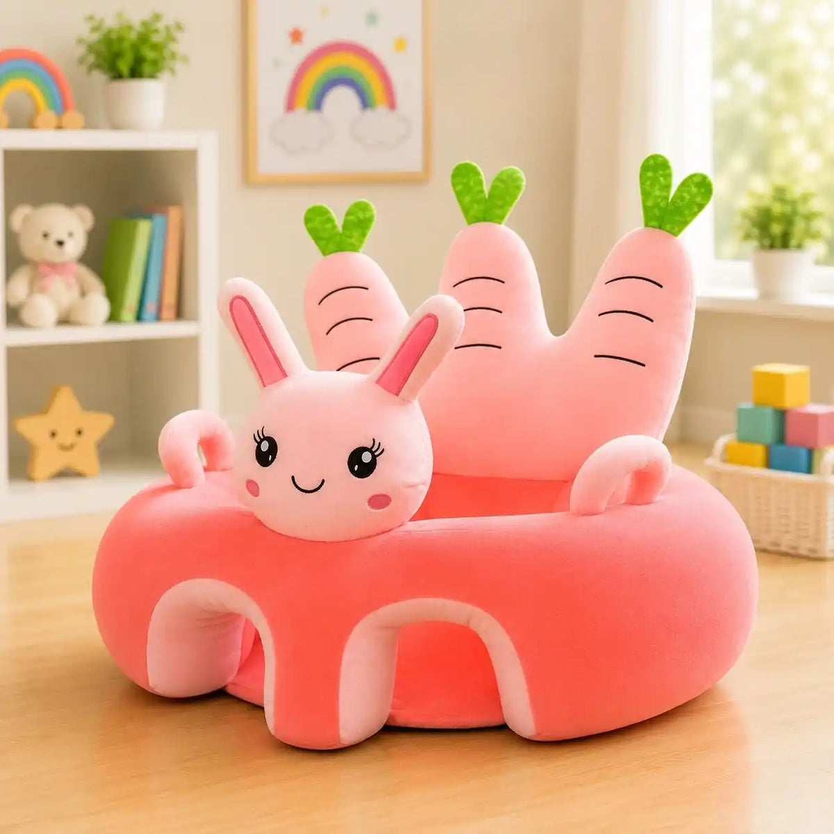 Pink bunny baby plush sitting support sofa seat with carrot backrest and soft arm support
