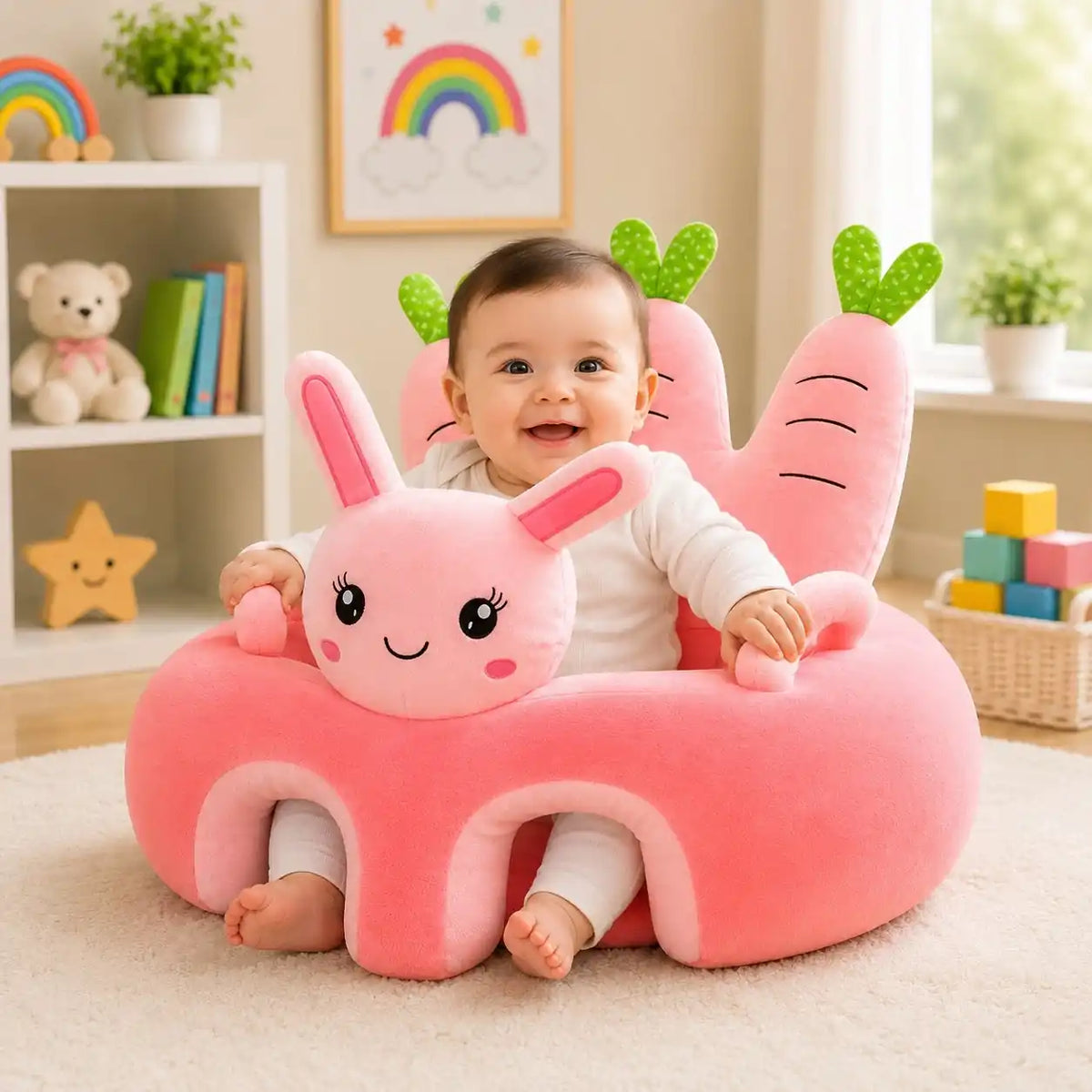 Baby sitting in pink bunny plush support sofa seat with soft back and side support