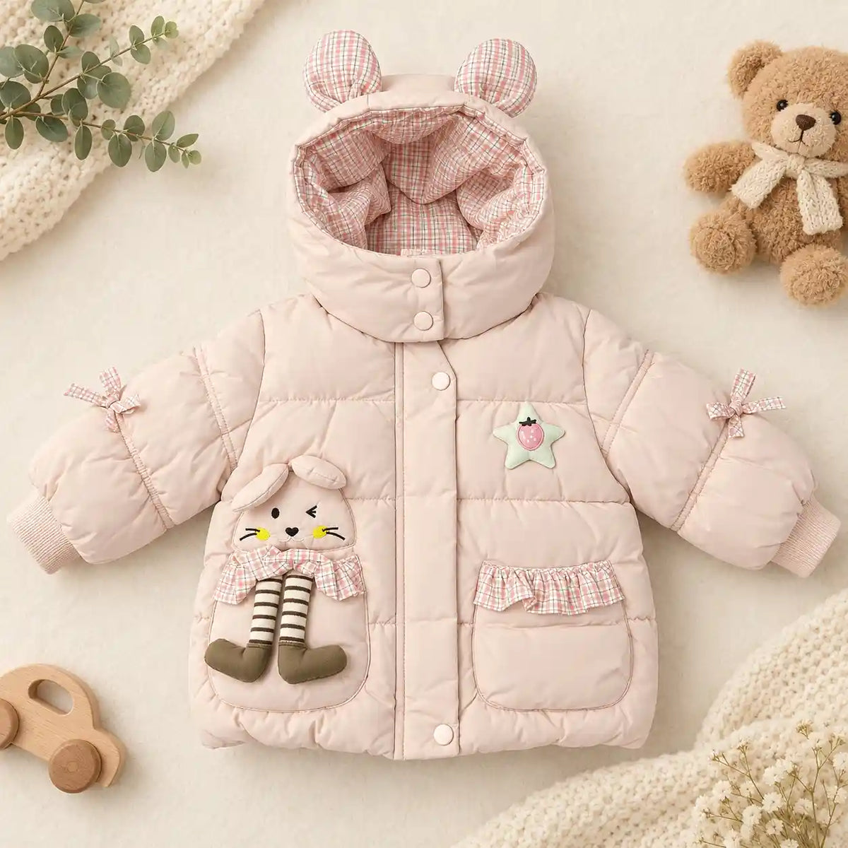Pink Hooded Parachute Puffer Winter Jacket with Bunny Pocket