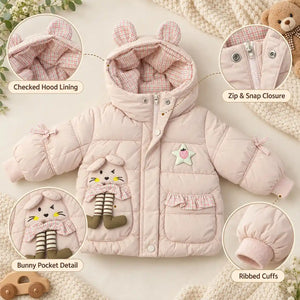 Pink Kids Puffer Jacket with Bunny Pocket and Checked Hood Details