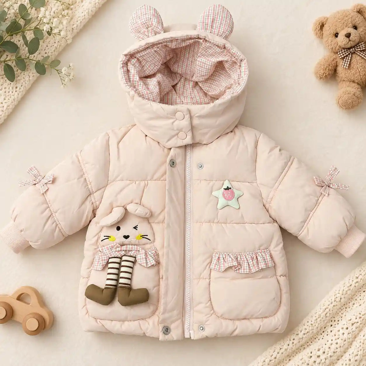 Pink Hooded Puffer Winter Jacket with 3D Bunny Pocket Front View