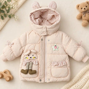 Pink Hooded Puffer Winter Jacket with 3D Bunny Pocket Front View