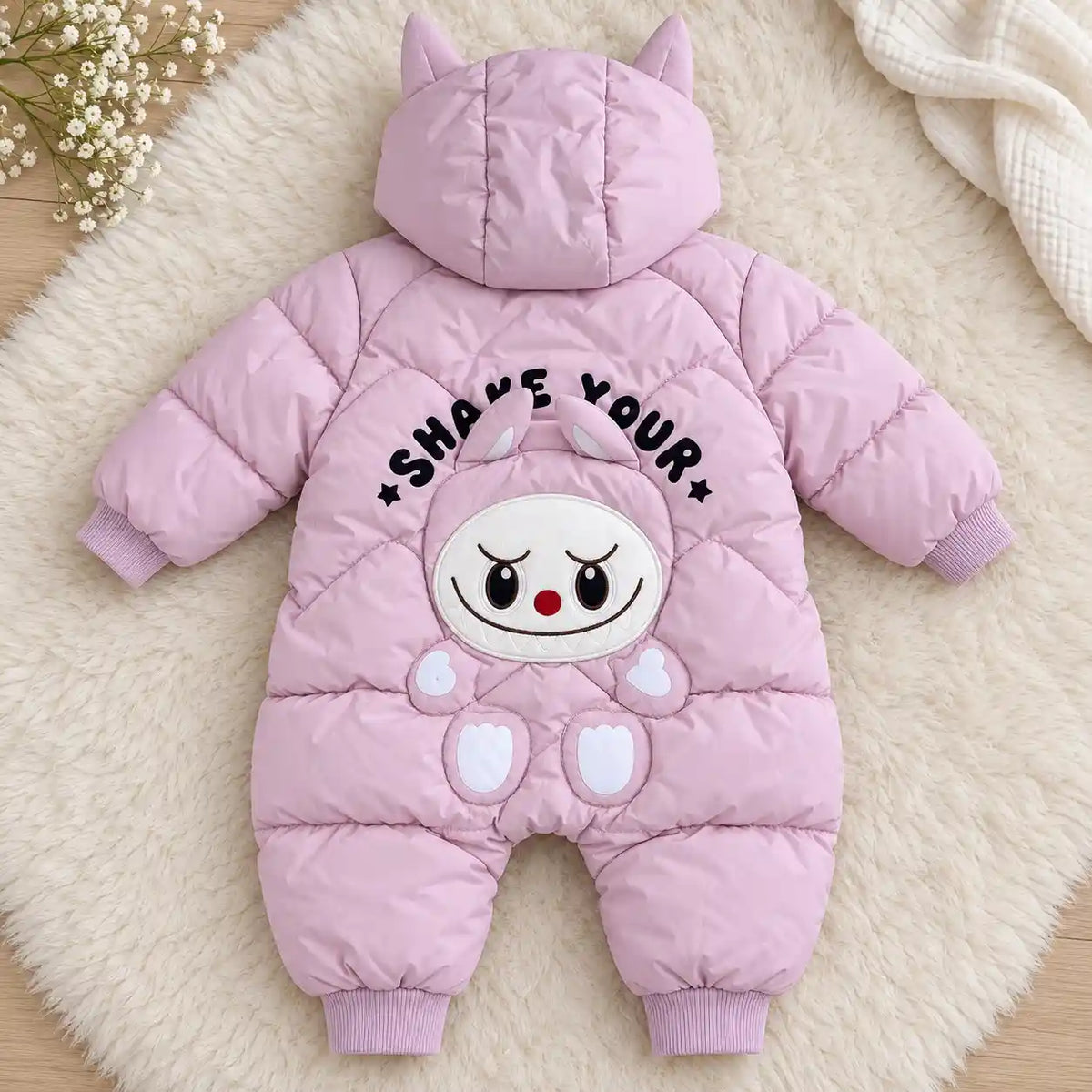 Pink Hooded Parachute Puffer Winter Baby Romper Back View with Character Design