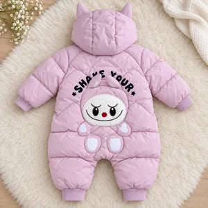Pink Hooded Parachute Puffer Winter Baby Romper Back View with Character Design