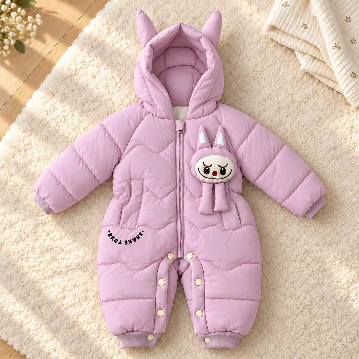 Pink Hooded Parachute Puffer Winter Baby Romper Front View