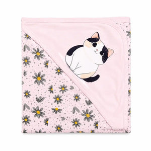 Baby pink hooded wrapping sheet with cute kitty cartoon and grey floral print, soft interlock fabric for newborn babies