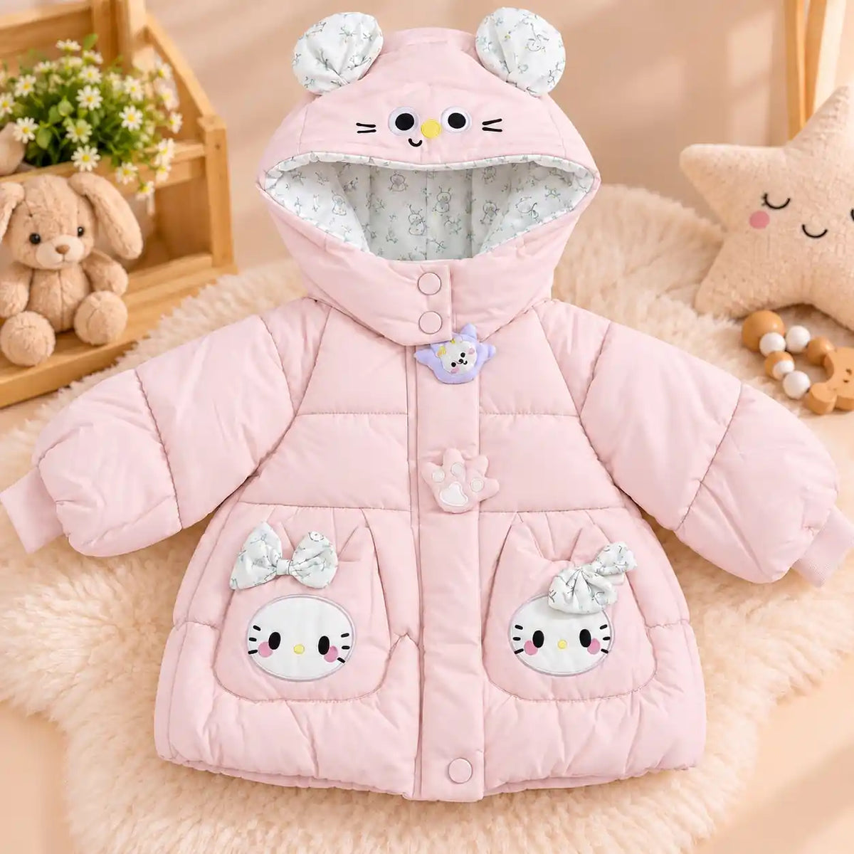 Pink Kids Puffer Winter Jacket with Character Pockets and 3D Ear Hood