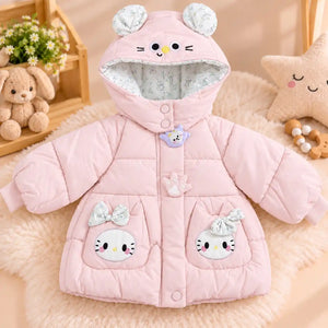 Pink Kids Puffer Winter Jacket with Character Pockets and 3D Ear Hood