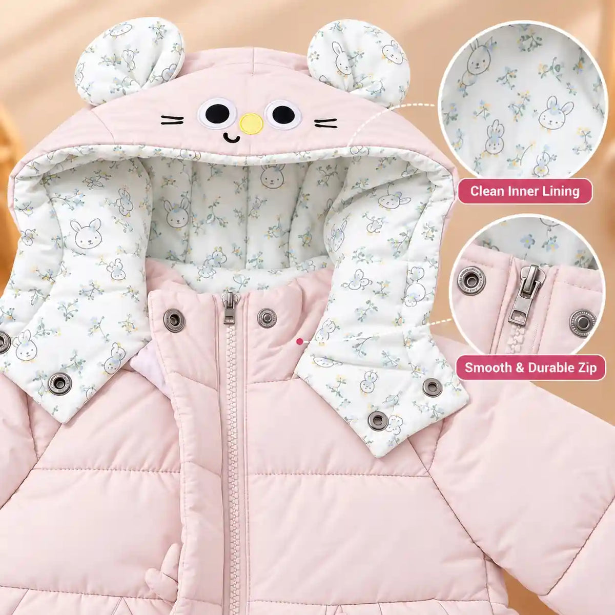 Pink Hooded Puffer Jacket with Printed Lining and Zip Closure