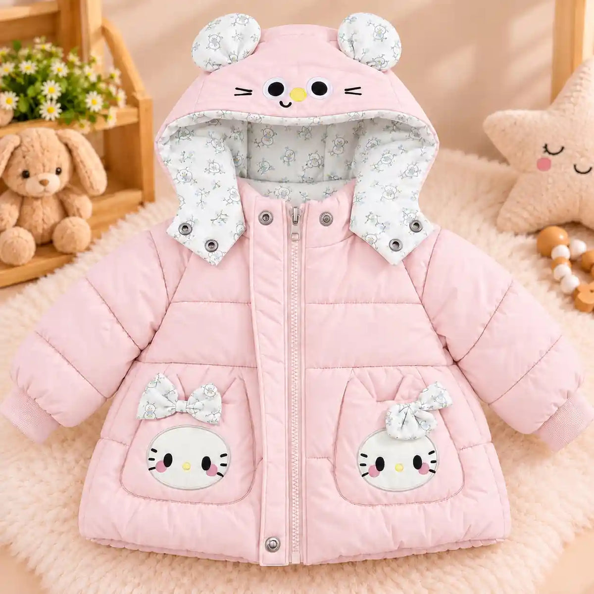 Pink Cute Character Hooded Puffer Winter Jacket for Kids