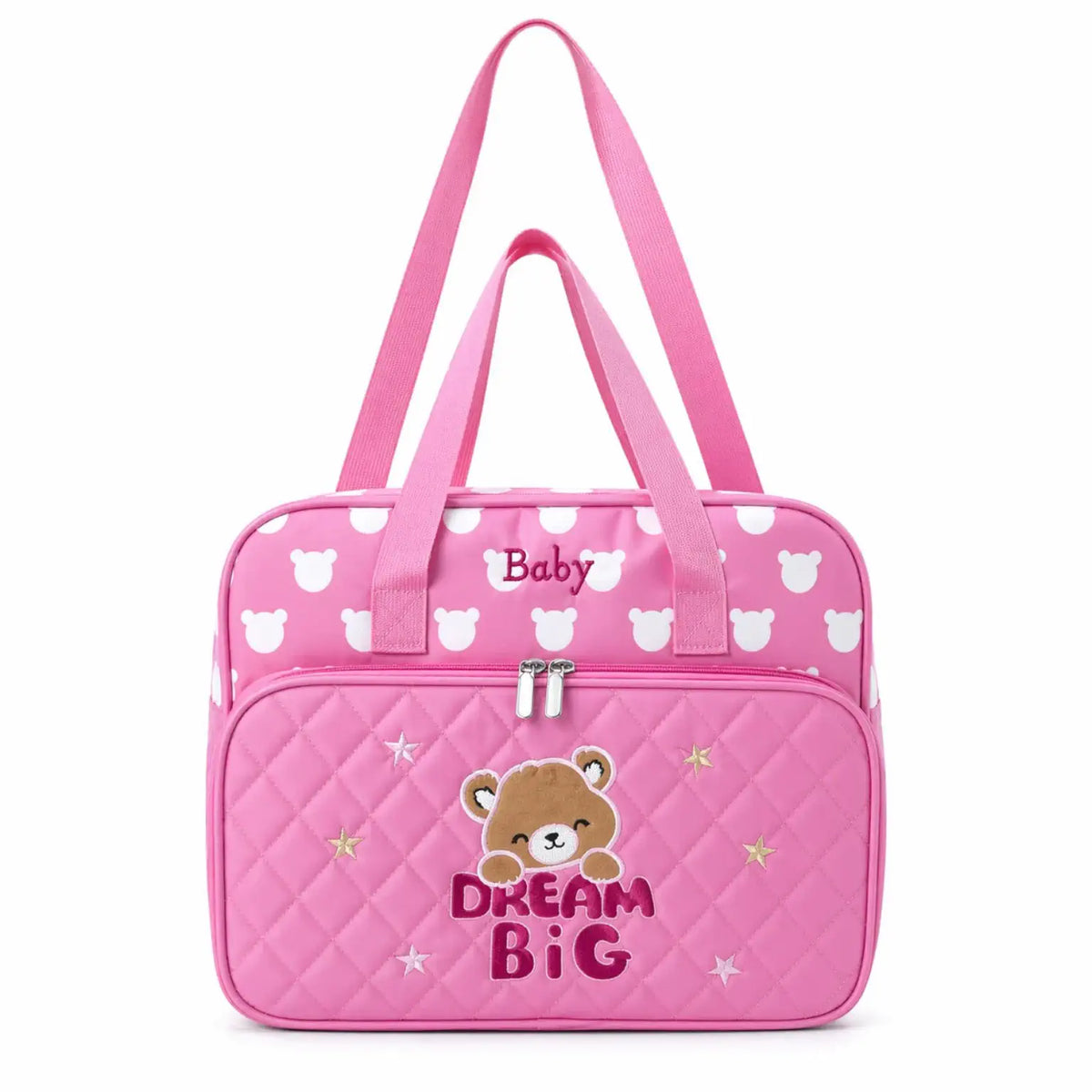 Pink teddy baby diaper bag with spacious compartments for baby essentials