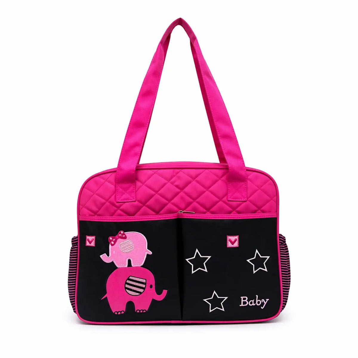 Pink baby diaper bag with cute animal print and matching changing sheet