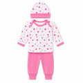 Pink floral baby 3 piece clothing set with full sleeve printed shirt, matching pants and cap
