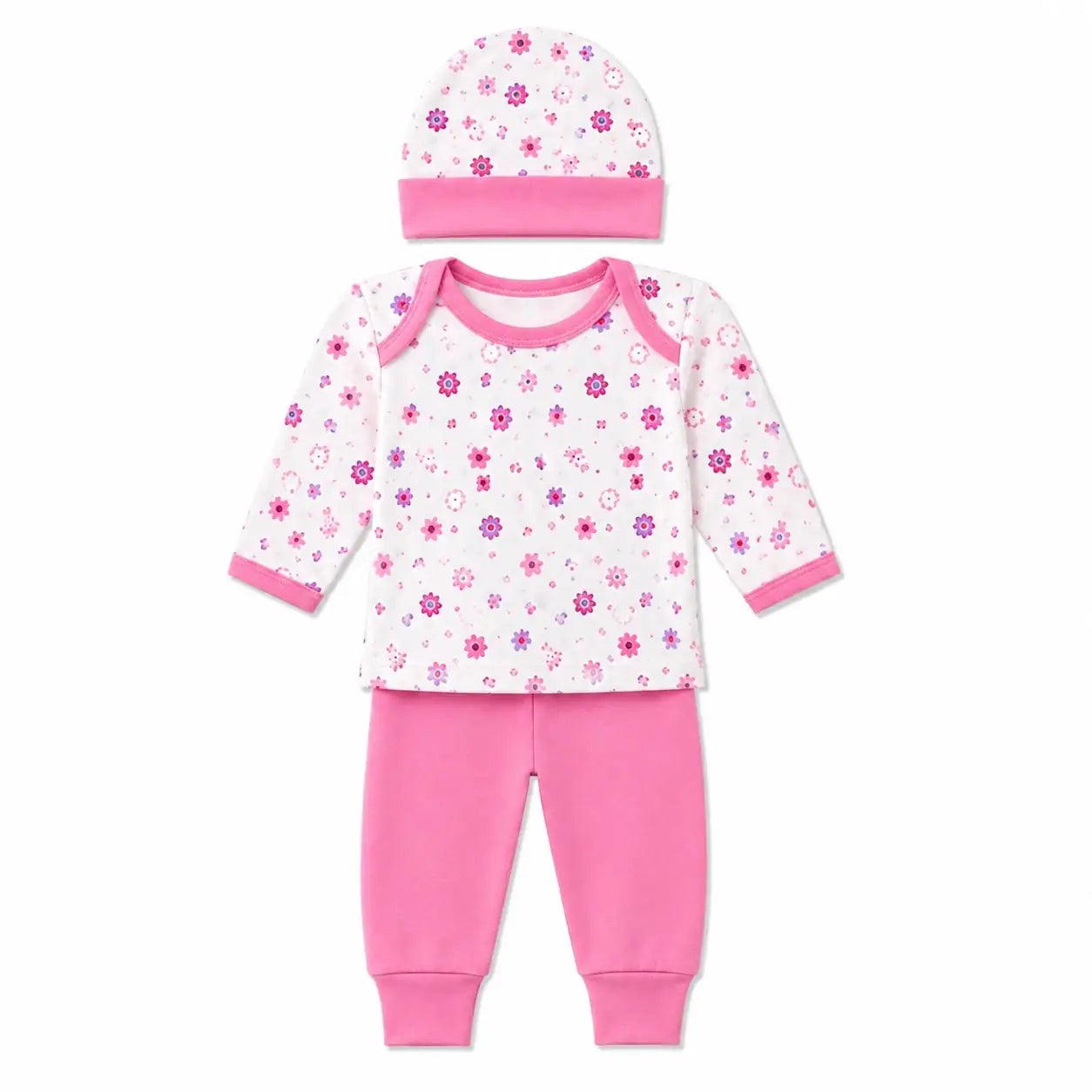 Pink floral baby 3 piece clothing set with full sleeve printed shirt, matching pants and cap