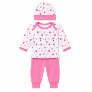 Pink floral baby 3 piece clothing set with full sleeve printed shirt, matching pants and cap