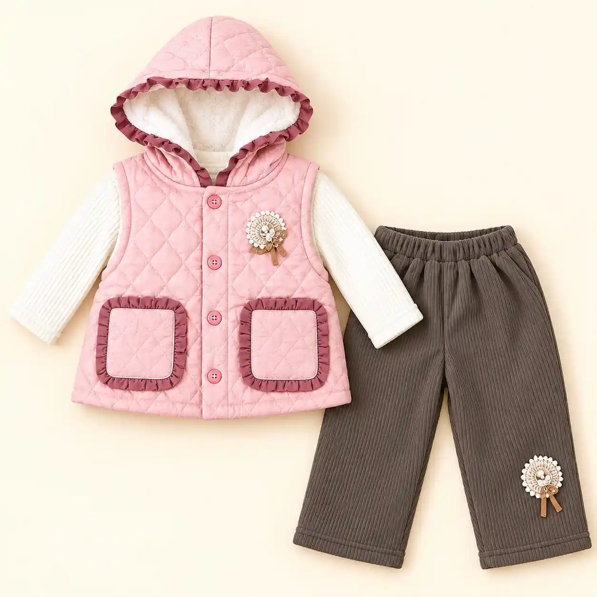 Girls Pink Quilted Hooded Vest White Top Dark Grey Pajama Set