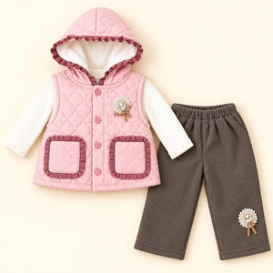 Girls Pink Quilted Hooded Vest White Top Dark Grey Pajama Set