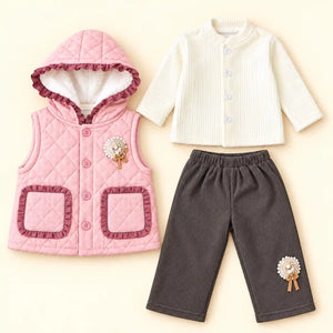 Girls 3 Piece Quilted Hooded Vest Winter Set Pink in Pakistan
