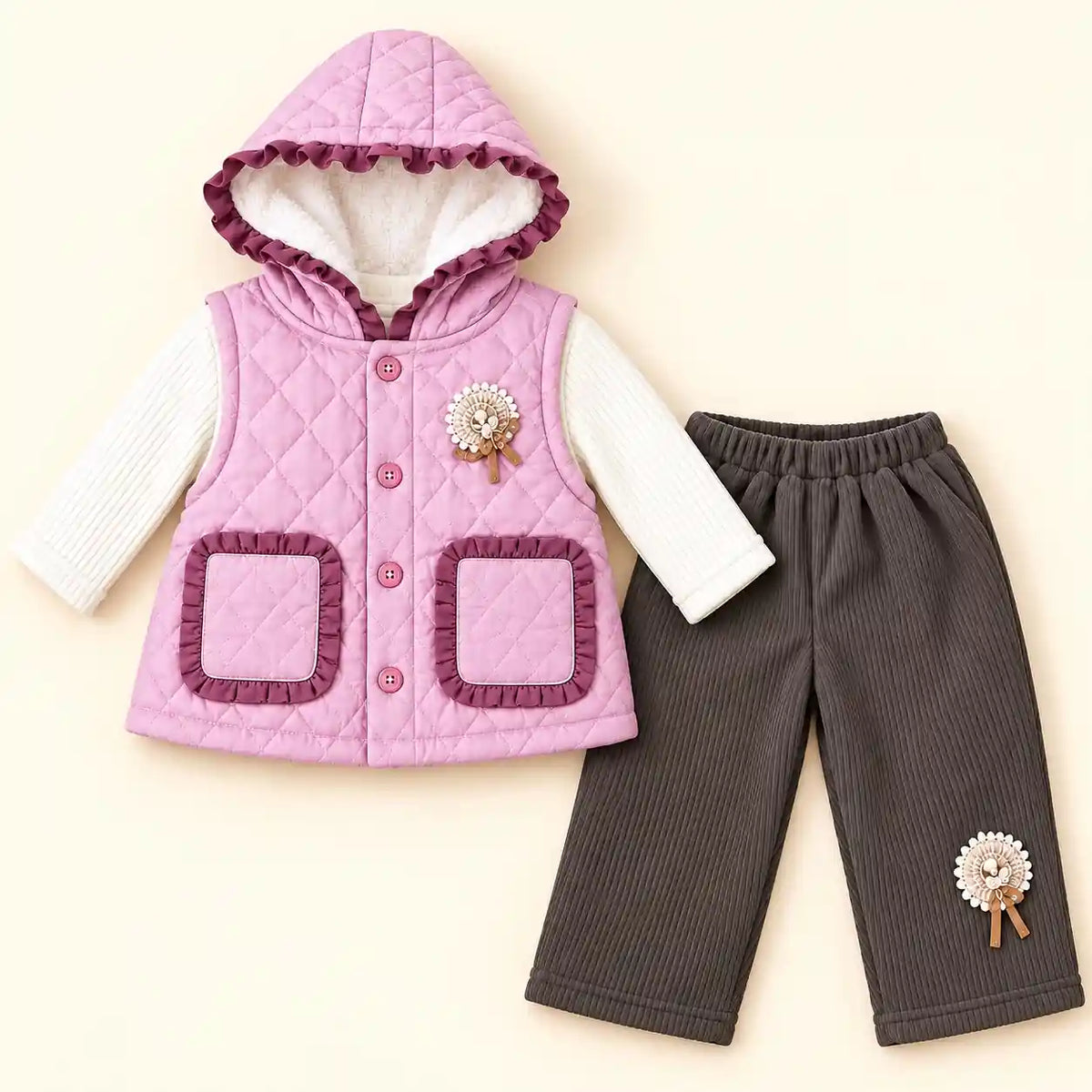 Girls Lilac Pink Quilted Hooded Vest White Top Dark Grey Pajama Set