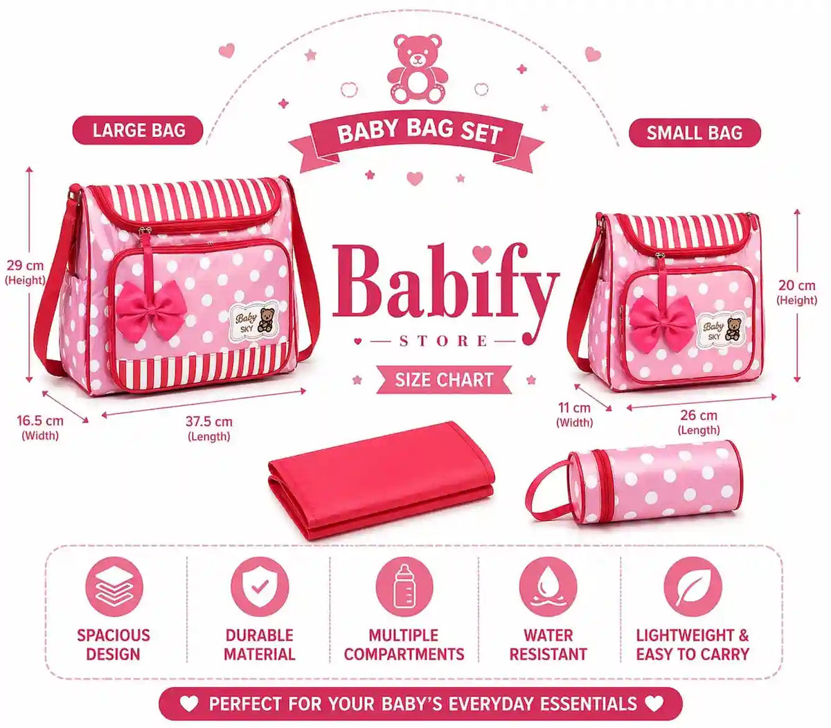 Red and pink 4-piece diaper bag set infographic showing bags, changing mat and product features