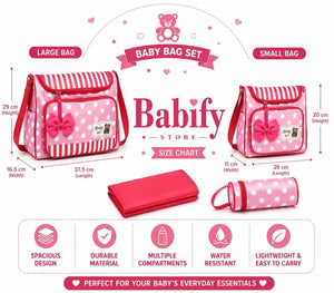 Red and pink 4-piece diaper bag set infographic showing bags, changing mat and product features