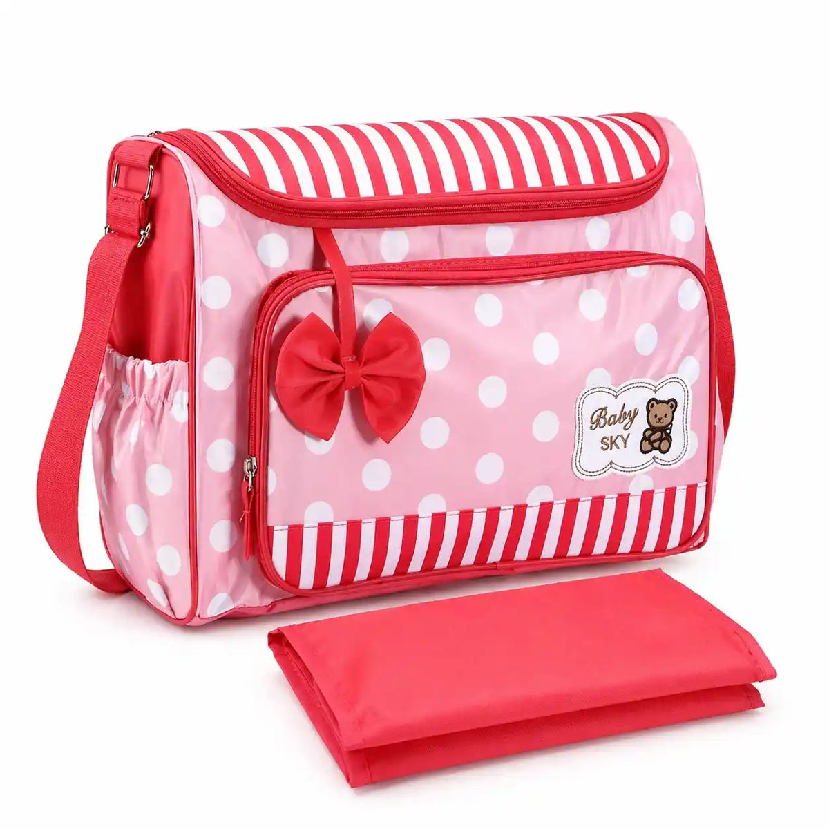 Diaper Bag Set – Red Pink Polka Dot Design (4-Piece)