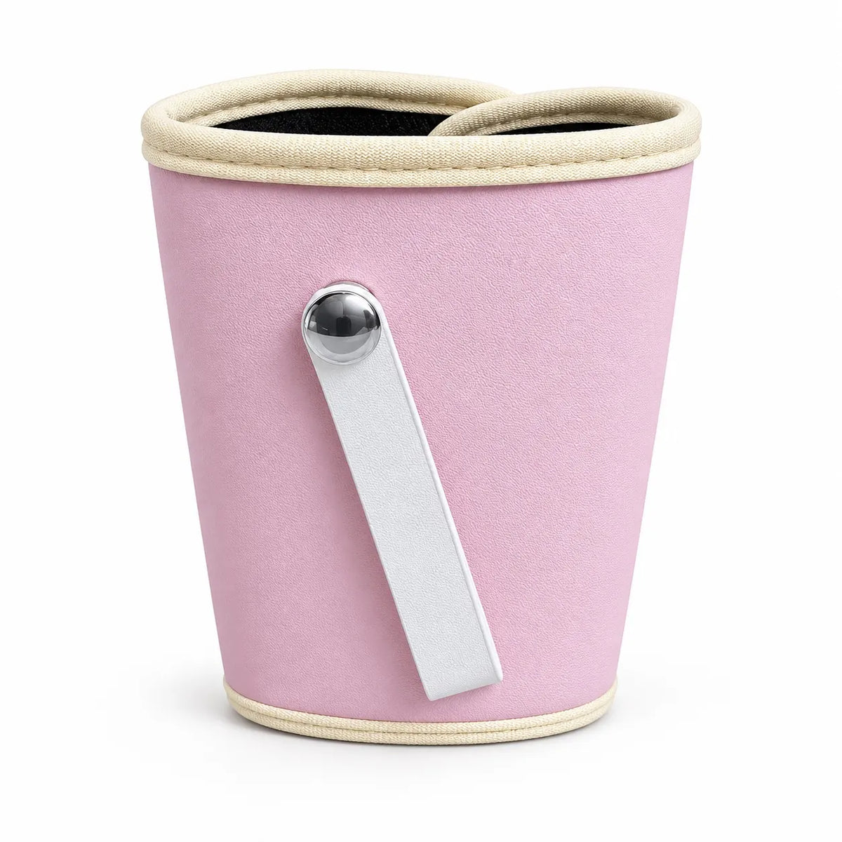 Pink feeder warmer rear view with white carrying strap and silver fastener