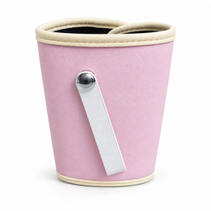 Pink feeder warmer rear view with white carrying strap and silver fastener