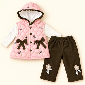 Girls Pink Quilted Hooded Vest White Ribbed Top and Brown Pajama Set