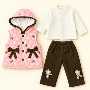 Girls 3 Piece Quilted Hooded Vest Winter Set Bow Floral Pink