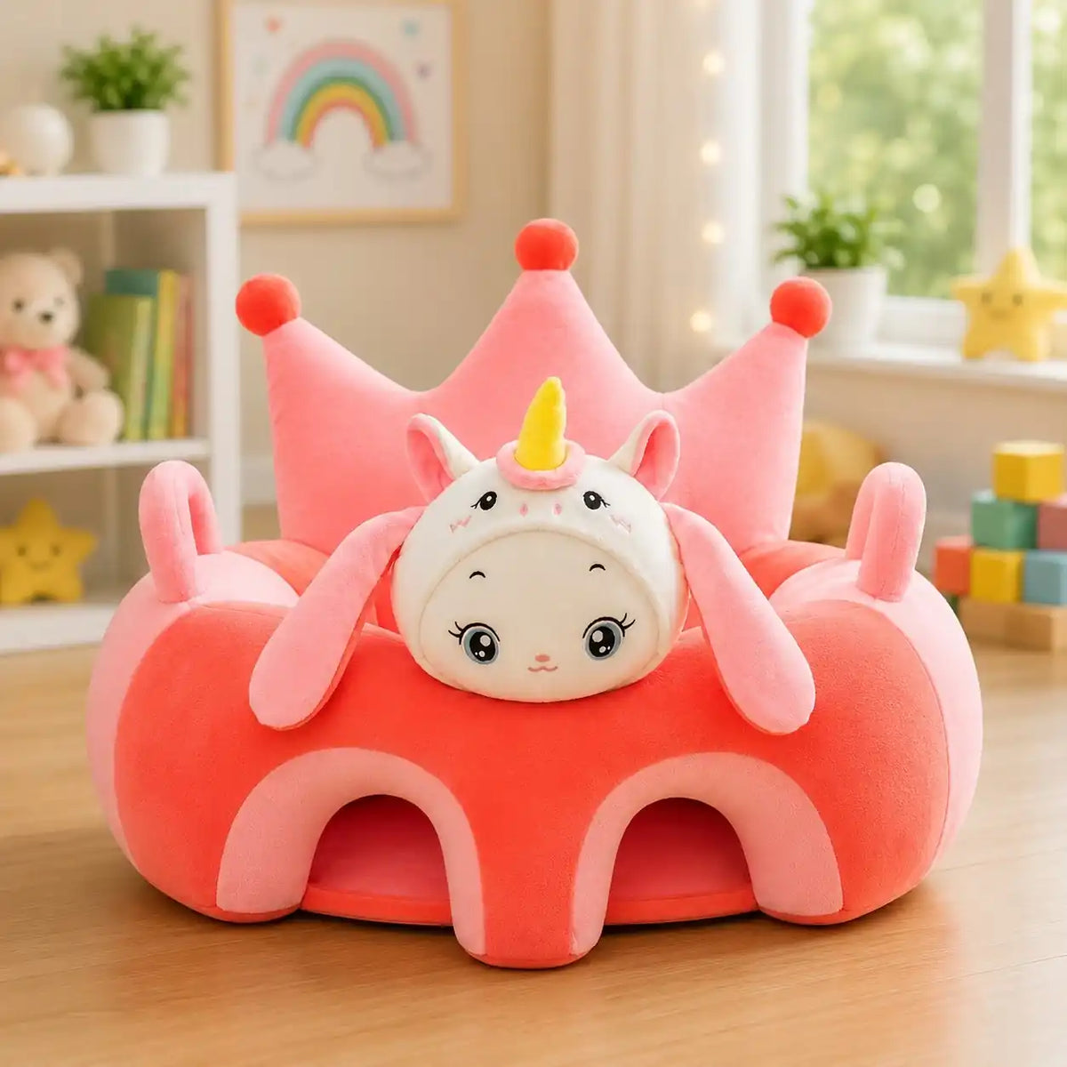 Pink baby plush crown sitting support sofa seat with unicorn character and soft cushioned back support